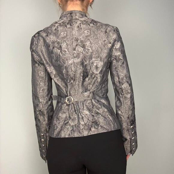 Silver floral print button up blazer jacket formal asymetrical eu 40 / us small - Picture 5 of 8